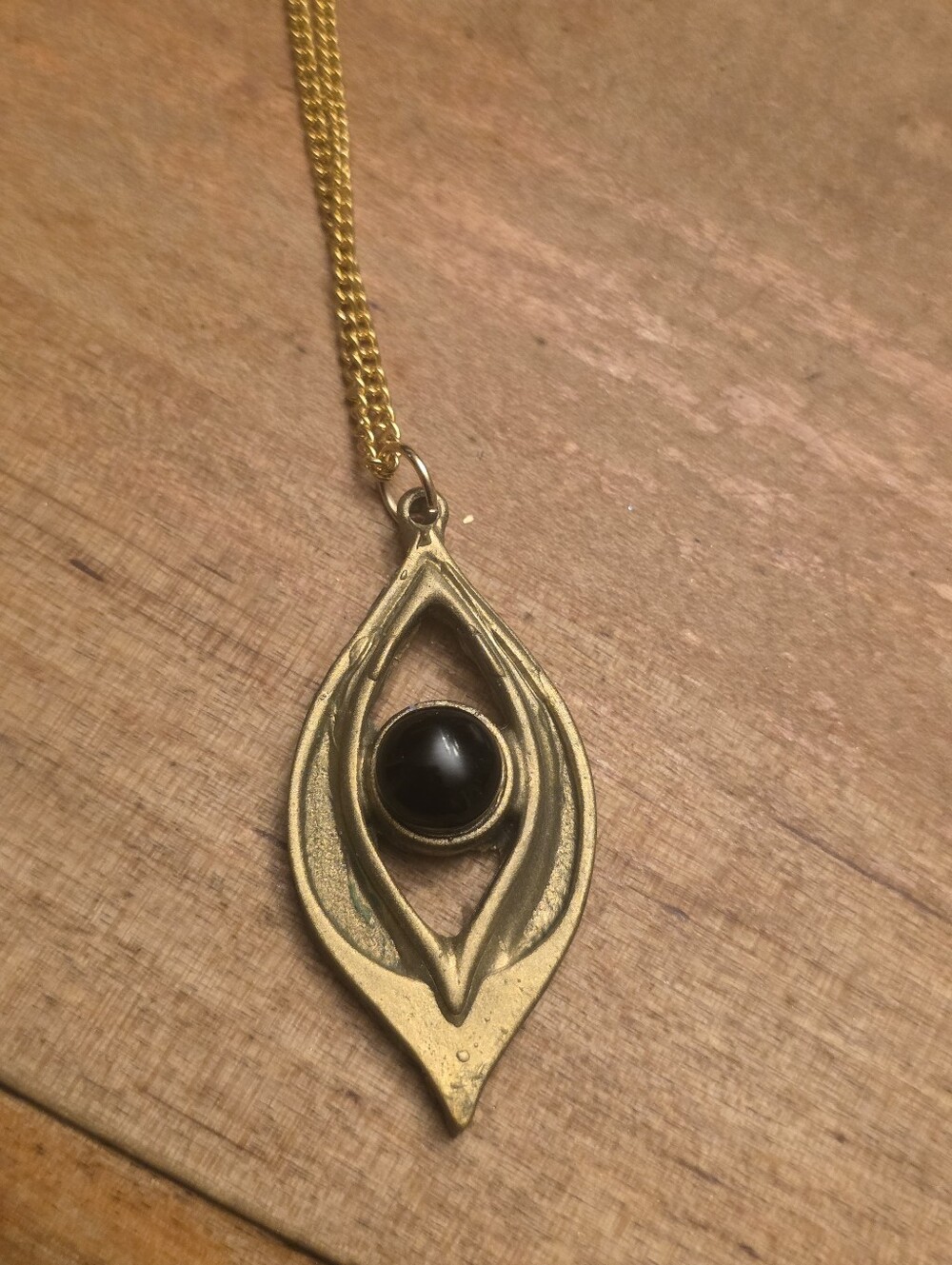 Resin Evil Eye Pendant W Obsidian Gemstone Center On Gold-tone Chain Necklace